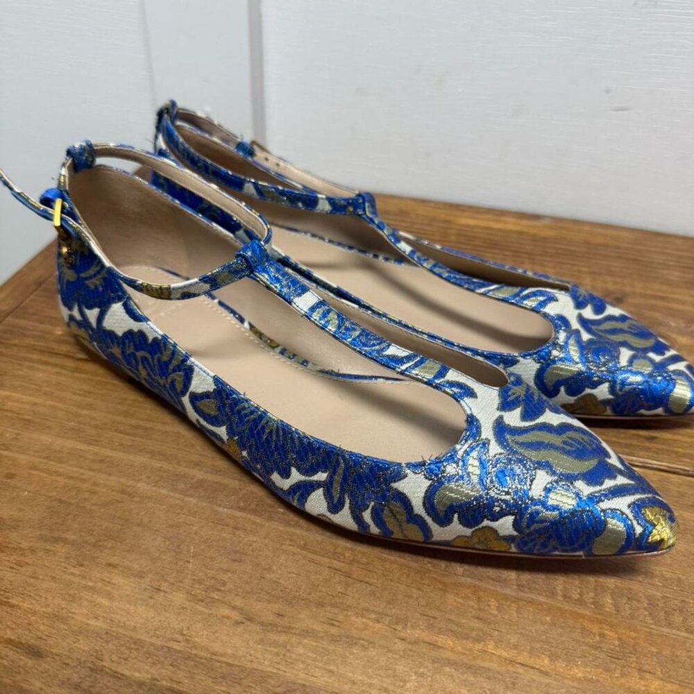 Tory Burch blue floral leather ballet flats.
